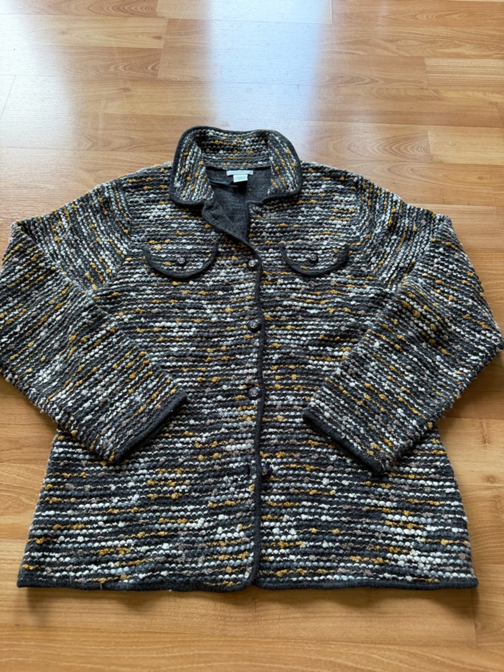 Laura Ashley wool blend button up sweater with collar gray base super soft large